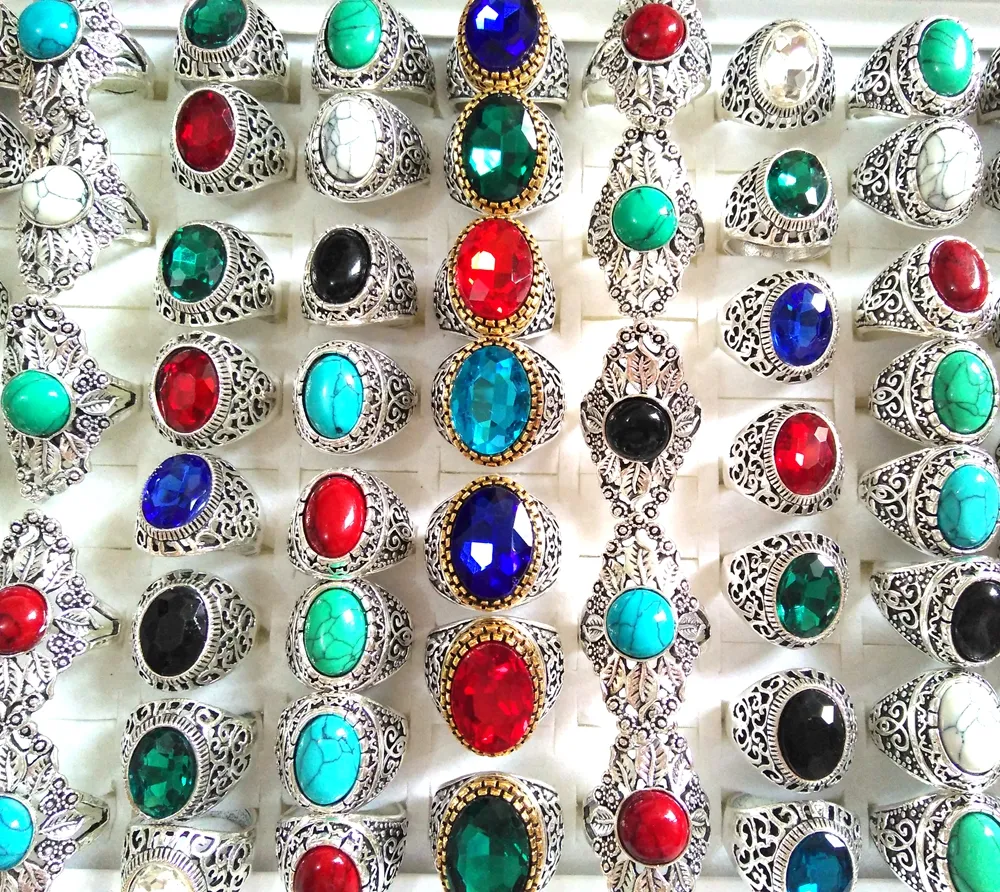 Wholesale 50PCS Top Mixed Noble Big Stone Rings Turquoises & Clear Crystal Women's Men's Exquisite Elegant Finger Ring Beautiful Jewelry Lot