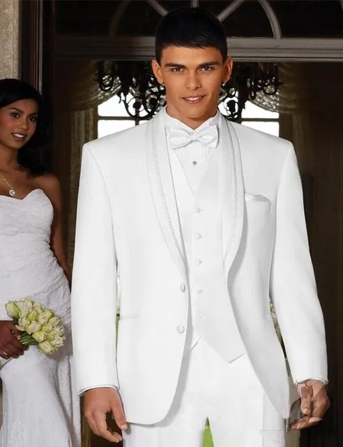 Fashionable Two Button White Groom Tuxedos Groomsmen Shawl Lapel Best Man Blazer Mens Wedding Suits (Jacket+Pants+Vest+Tie) H:783