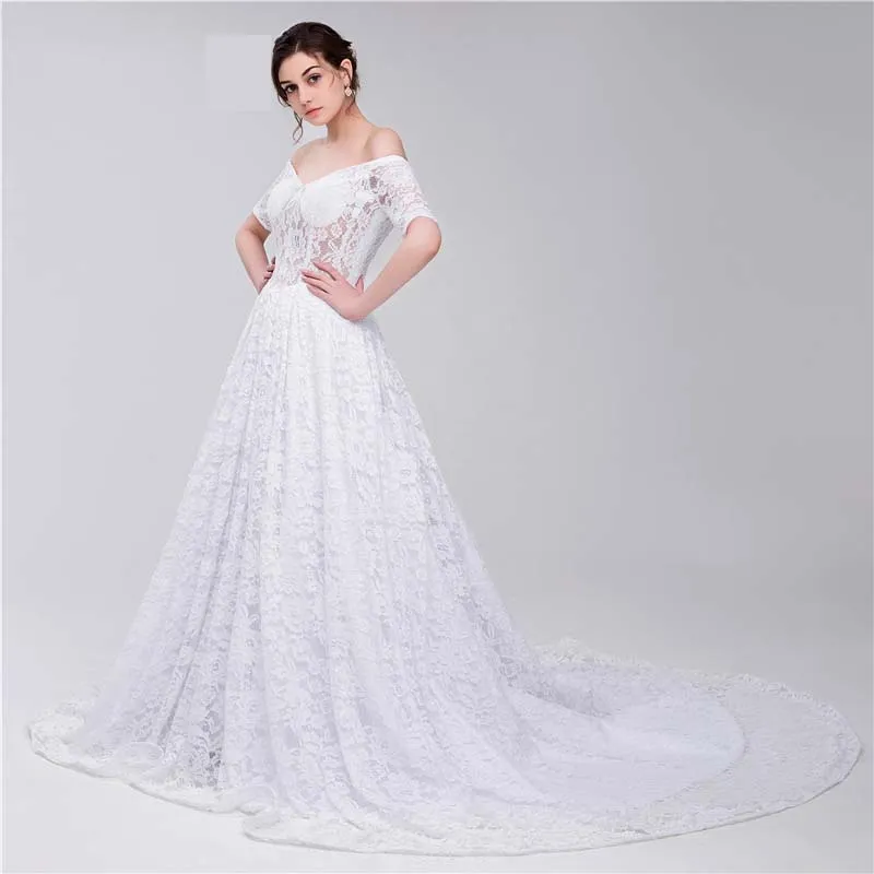 Białe eleganckie nowe sukienki kochanie pół rękawów Linia Lace Long Party Bride sukienki dla kobiet sukienki ślubne suknie DH4237