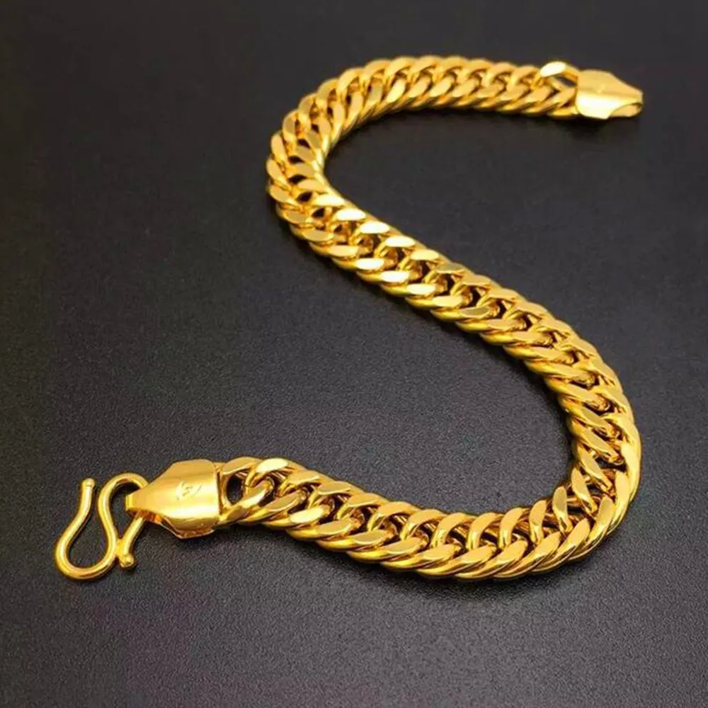 Chaîne de poignet classique à double bordure massive de 9 mm de large, en or jaune 18 carats, lien de bracelet pour femme et homme, 8,6 pouces