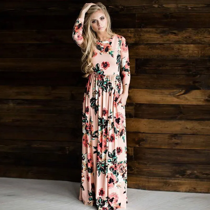 Women Sexy Long Sleeve Summer Fashion Style Long Party Dress Leisure Female Floral Print Dress Ladies Maxi Dress