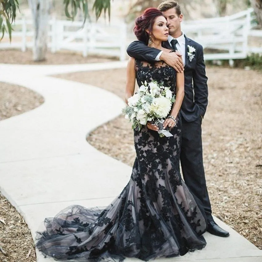 Black Lace Mermaid Wedding Dress With Long Train Gothic Bridal Gown ...