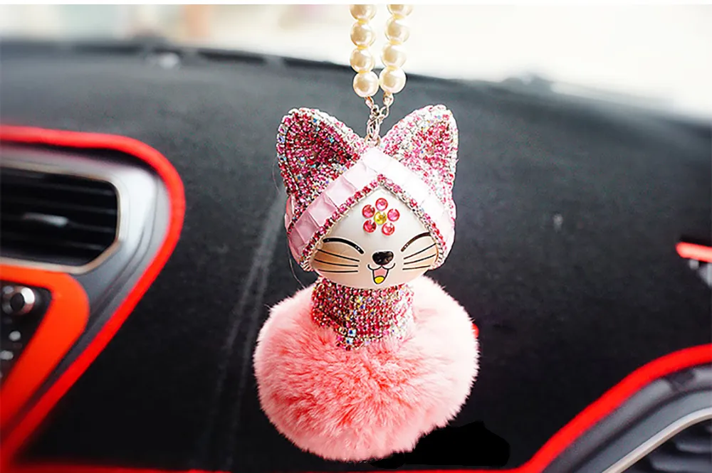 Pendentif de voiture, ornement suspendu de voiture, mignon joli style  chinois chat porte-bonheur strass dessin animé boule décoration ornements