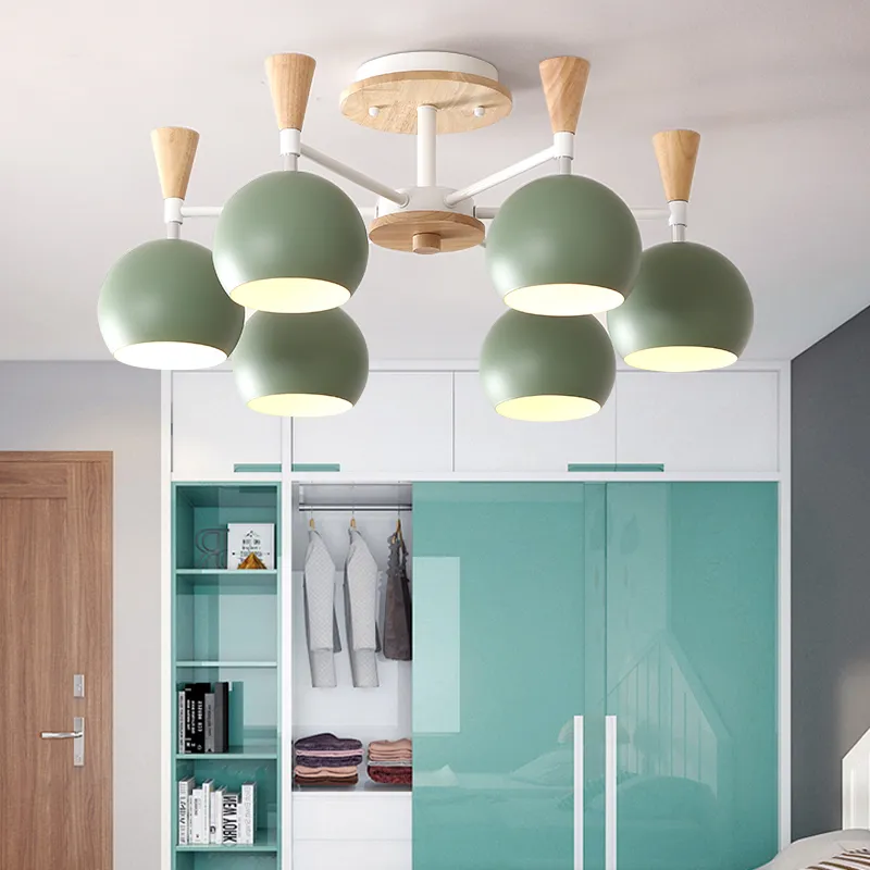 Moderne, einfache Pendelleuchten, Macaron, bunt, E27-Lampenfassung, grün, gelb, rosa, blau, Material Eisen und Holz, LED-Tropfenlicht für Foyer-Schlafzimmer