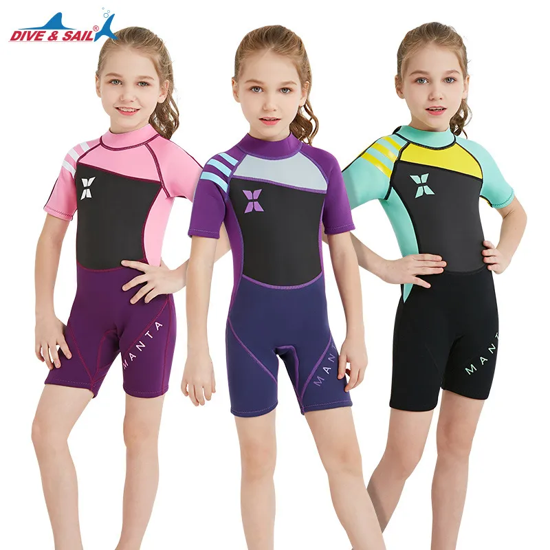 Crianças Wetsuit 2,5 milímetros mangas curtas Swimwear Voltar Zip Fato de Mergulho Neoprene Keep Warm crianças banho de uma peça Wetsuit