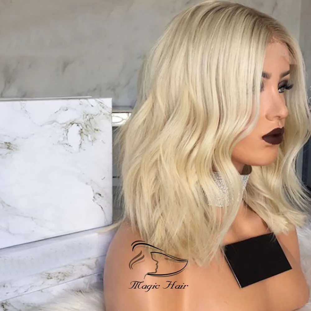 4 60 Platinum Blonde Wavy 150% Density Short Lace Front Human Hair Wigs Pre Plucked Ombre Cut Bob With Baby Hair265r