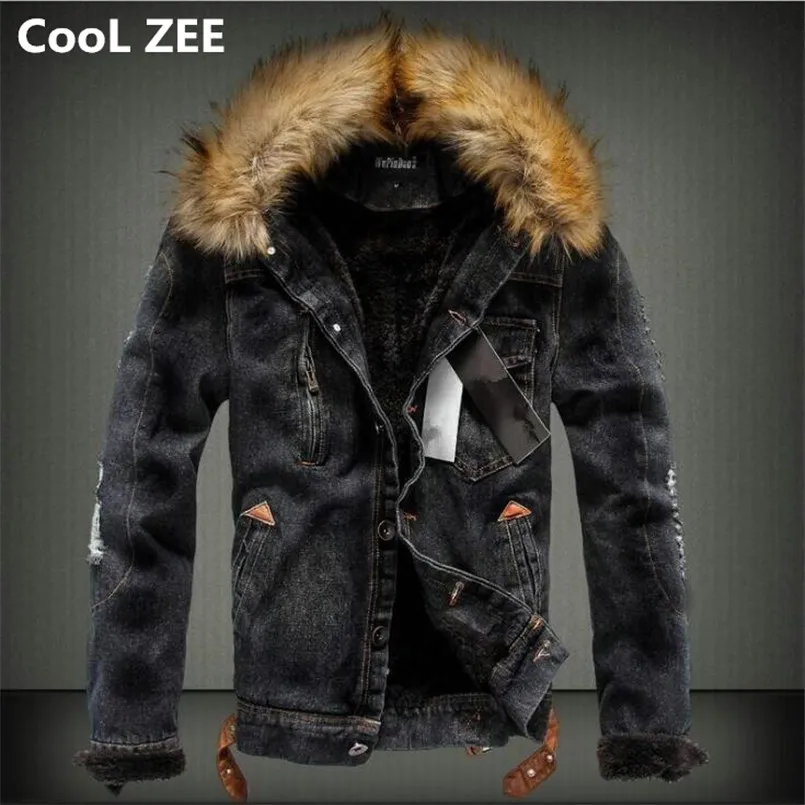 Cool ZEE Veste en jean pour homme avec col en fourrure Jeans et manteau en polaire déchiré rétro pour l'automne hiver S-XXXXL