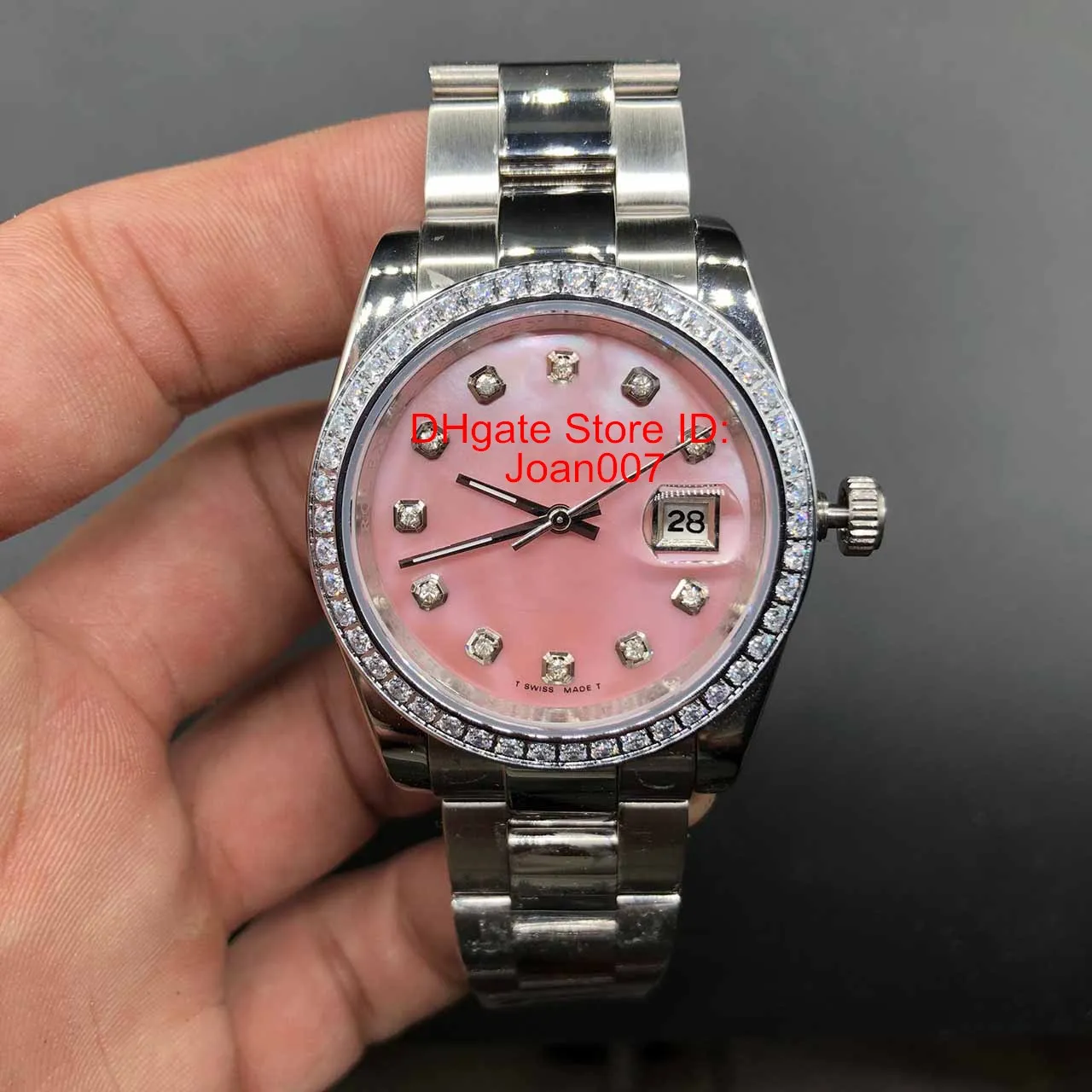 Damski zegarek diamentowa ramka różowa tarcza prezes kobiety zegarki ze stali nierdzewnej damski damski automatyczny zegarek mechaniczny szafirowe szkło 36mm