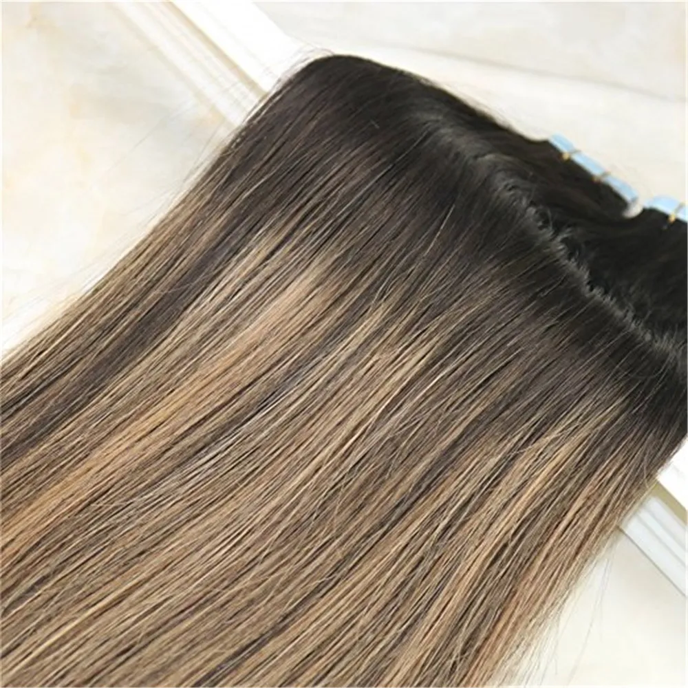 Remy Tape In Hair Extensions Human Hair Balayage Färg Mörkbrun Fading till Ljus Brun Orocessd Human Hair Extensions Seamless 100g 