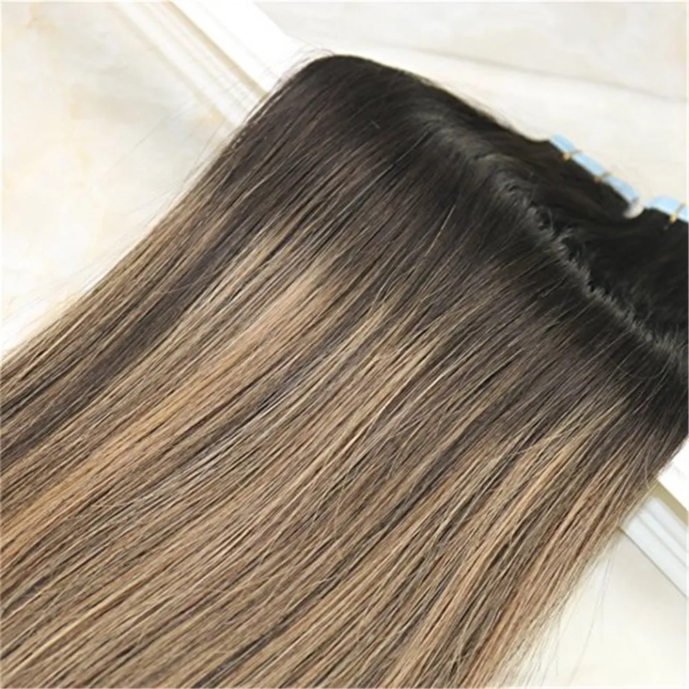 Tape Remy em extensões do cabelo humano Balayage cabelo cor marrom escuro desvanecimento para Castanho Claro Unprocessd extensões do cabelo humano sem costura 100g