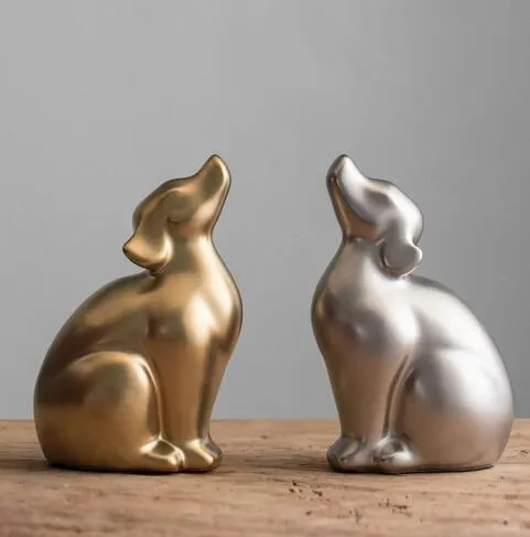 Criativo artesanal de cerâmica de ouro estátua do cão de prata decoração da sua casa sala de artesanato decoração ornamento porcelana pequeno bonito cão estatuetas
