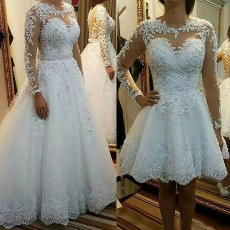 Splendido abito da sposa con gonna staccabile Gonna oversize rimovibile Abiti da sposa due in uno Collo trasparente Maniche lunghe Squisite applicazioni in pizzo