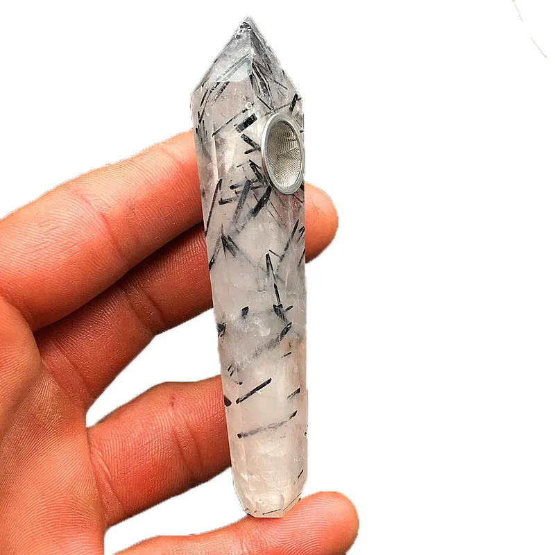 DingSheng Naturel Noir Tourmaline Fumer Pipe Cristal Quartz Pierre Baguette Point Cigares Tuyaux Avec Filtre En Métal Pour La Santé Fumer