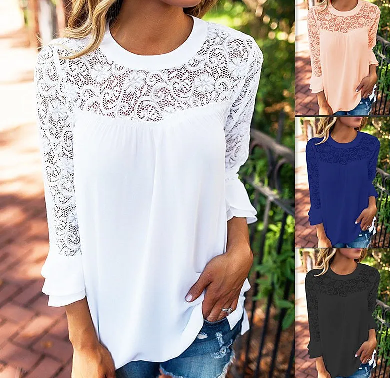 Camicetta Elegante Donna A Pois, Manica Lunga, Pizzo, Scollo A V, Leggera E Anti-Rughe