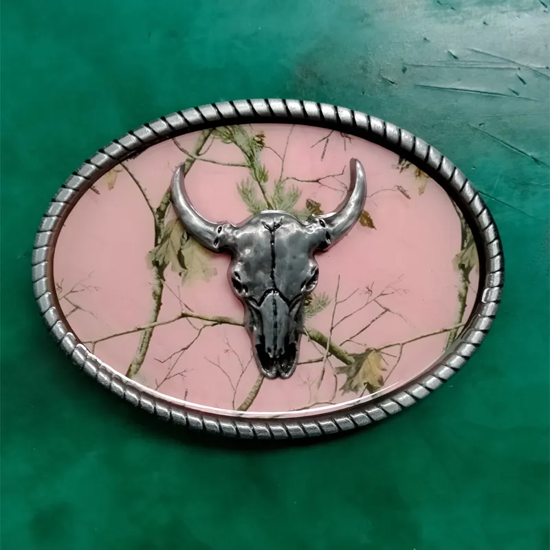 Mens Western Cowboy Belt Buckle Pink/Silver 3D Bull Head Buckles, Fits 4cm Wide Belts From