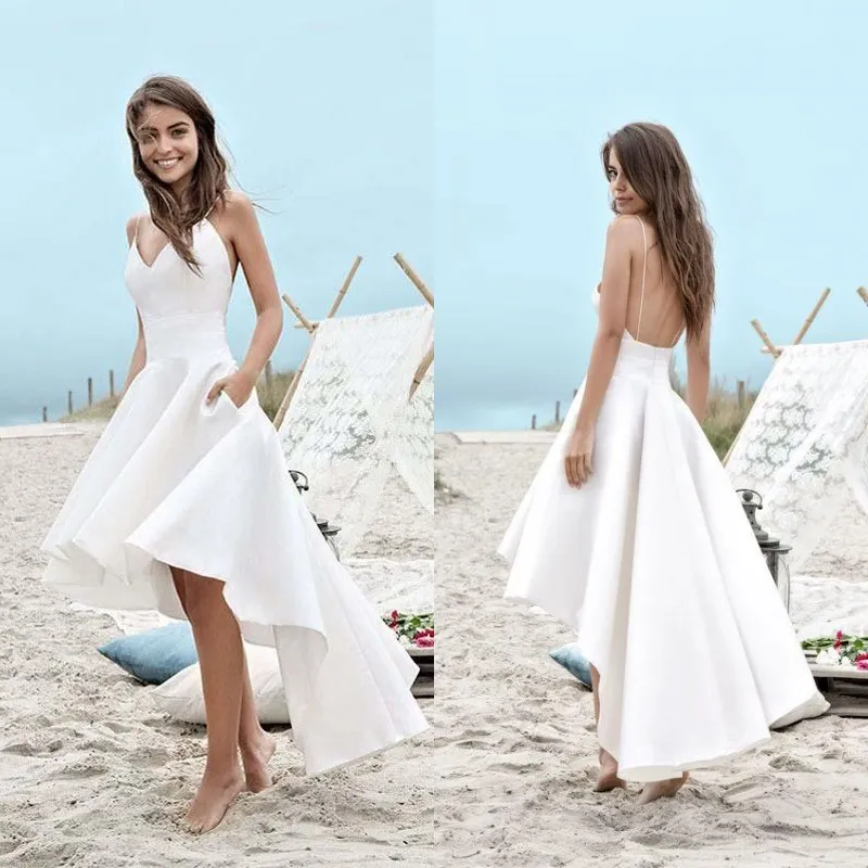 2019 Cheap Beach Wedding Dresses A Line Simple Design Informal Wedding Gowns Spaghetti Straps Backless Hi Low Bridal Dress Bridesmaid Dress