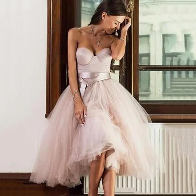 Sweetheart Blush Pink Tutu Homecoming Dresses sin mangas Batas de prometidas Back Zipper Sash Hecho a medida Mid-becerro Cocktail Bats