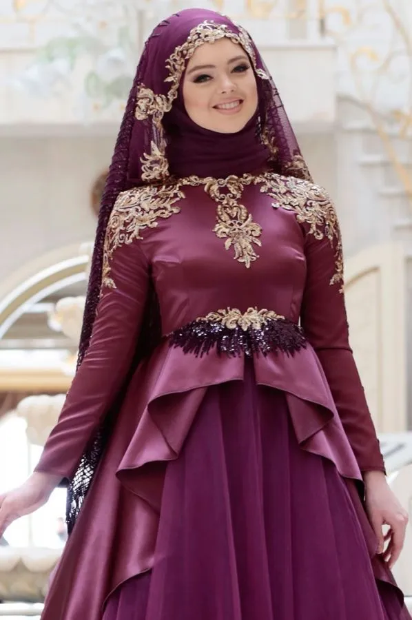 Elegant Plum Muslim Evening Dress Long Sleeve Satin Prom Gown with Peplum  Floor-Length A-Line from Dhgate Evening Dresses - price 147.26