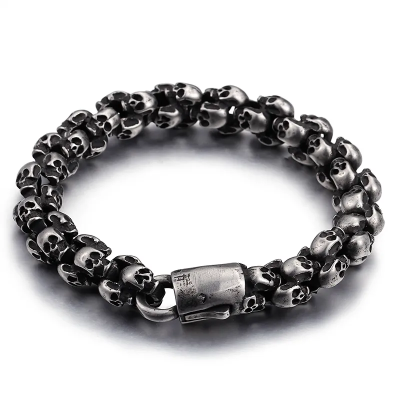 Punk Skull Bracelet for Men Stainless Steel Brushed Skull Charm Link Chain Bracelet Gothic Jewelry
