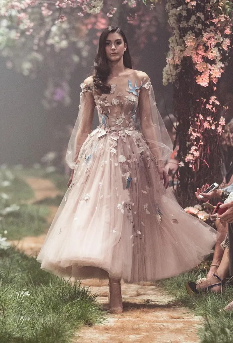 2020 nowe seksowne sukienki Paolo Sebastian Buj Blush Pink Long Rleeve Flower Impreza wieczorna suknie kostki Tiul Formal 1542034