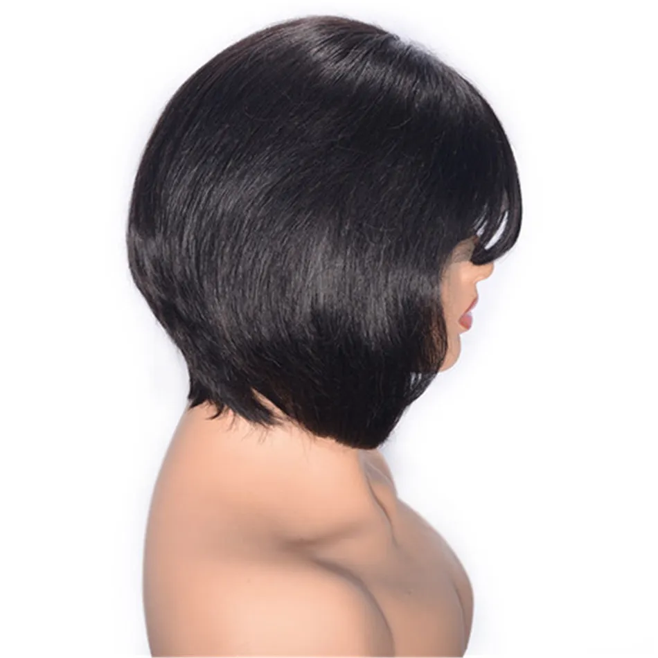 Short Brazilian Remy Human Hair Bob short wig with bangs with Bangs and Bleached Knots 8 inch Straight Lace Front 13 4
