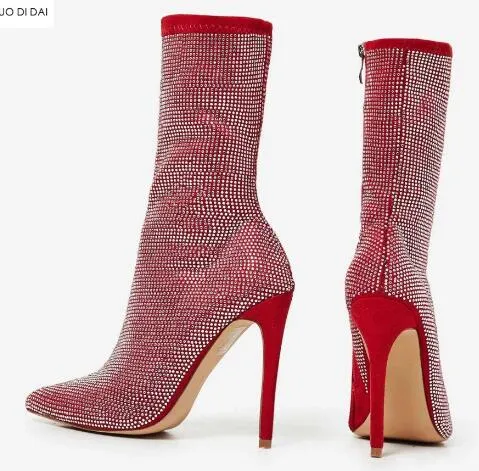 2018 Nya Kvinnor Diamond Boots Zip Up Women Ankel Booties Tunna Heel Full Crystal Boots Dam Point Toe Rhinestone Stud Red Boots
