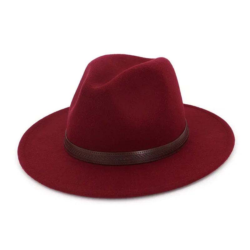 Unisex Panamá Jazz Fedora gorra mujeres hombres lana fieltro puntiagudo ala ancha Derby sombrero café cuero decoración jugador Chapeau