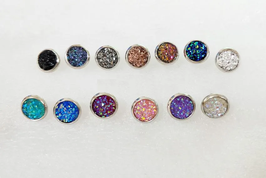 Fashion 8mm Druzy Earings Rostfritt stålharts Drusy Dome Seals Cabochon Stud Örhängen för kvinnor Smycken