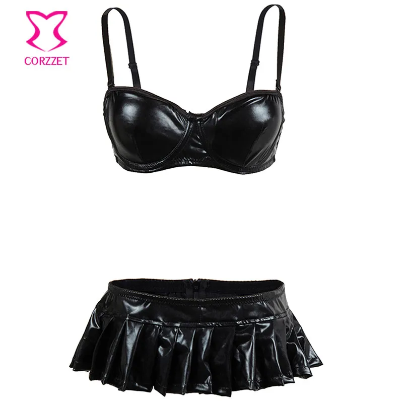 Svart PVC Vinyl Läderunderkläder Sexig Hot Erotic Underkläder Pole Dance Bra Skirt Set Women Club Wear Plus Size Lenceria Erotica