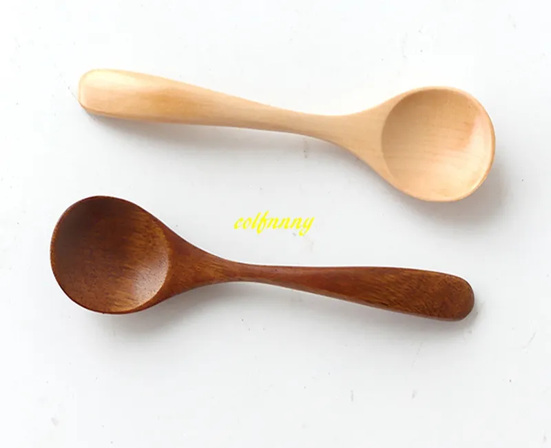 100pcs / parti 13 * 3cm naturlig träsked runt scoop te honung kaffekondiment salt socker träsked