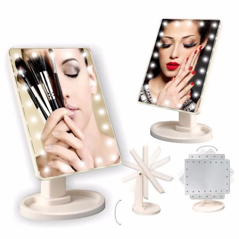 Portable 22 LED Cosmetic Mirror 360 Degree Swivel Women Makeup Mirror With Touch Screen Adjustable Rectangular Shape Glass