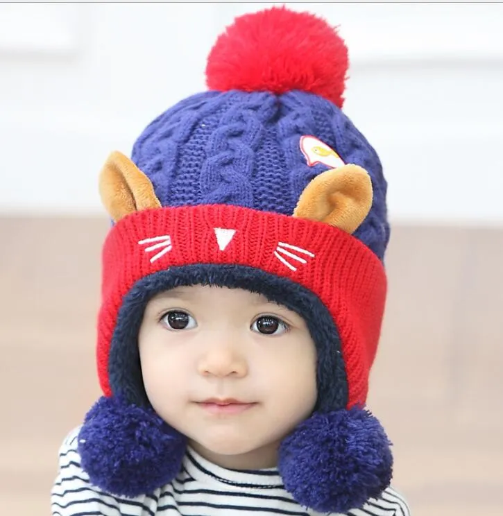 2018 Inverno Cute Baby Kids Hat Berretti di lana Baby Warm Berretti lavorati a maglia Winter Cartoon Cat Ear cap per ragazzi e ragazze