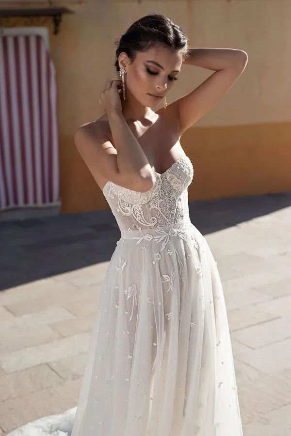 Boho Sweetheart Lace Applique Sweetheart Neckline Wedding Dress By