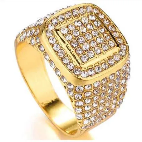 Hip Hop Bling Iced Out Square Crystal Ring Guldfärg Rostfritt Stål Bröllop Ringar För Män Smycken US Storlek 6-10