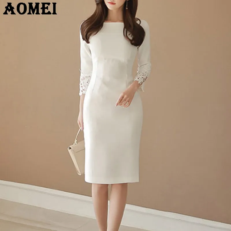 Femmes robes blanches bureau dame vêtements de travail mince élégant chic mince modeste vêtements de travail femme paquet hanche robe automne automne Robes