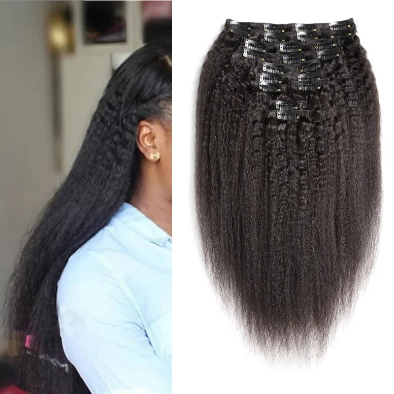 Kinky Straight Clip In Extensions 10PC / Set 120G Virgin Yaki Clip In Human Hair Extensions 10 "-24" Grov Yaki Clip i hårförlängningar