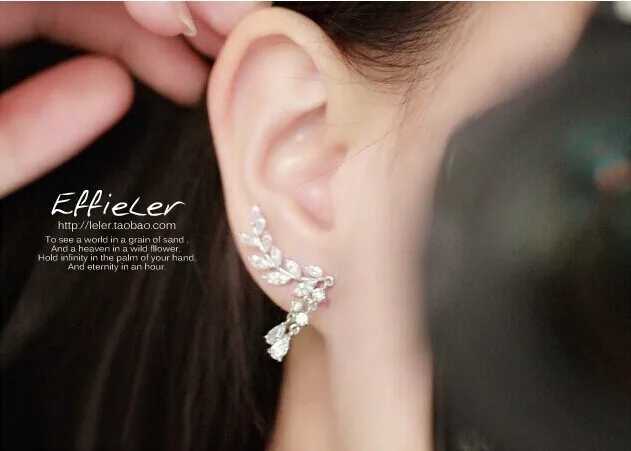 Hot New fashion Pretty New sweet flash diamond popular leaf leaves tassel crystal drops Earring HJ179