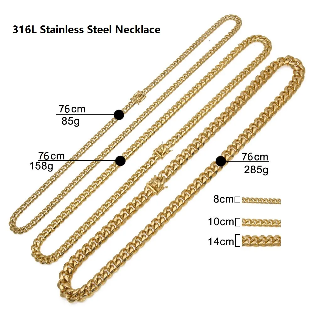 Titanium Steel Jewelry Sets 24K Gold Filled Plated High Polished Cuban Link Necklace & Bracelets For Mens Hip Hop Curb Chain 8mm/10mm/14mm