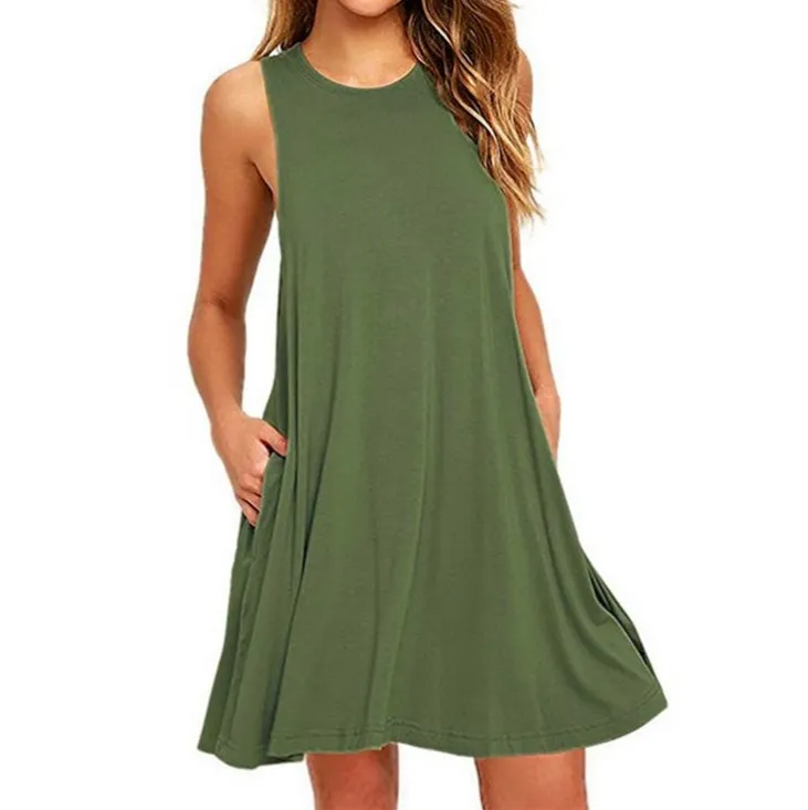 Hot sale women's fashion sleeveless pocket casual tank plus size solid vest swing dress S-XXL