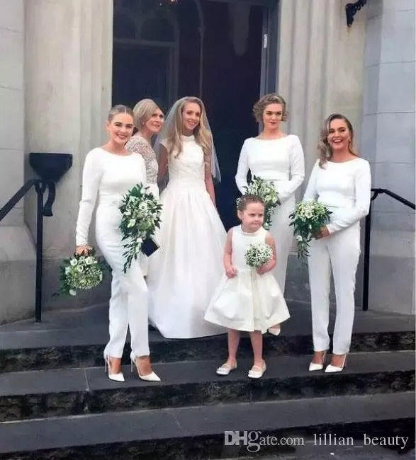 2019 White Pants Jumpsuit Bridesmaid Dresses Pant Suits Bateau Neck Long Sleeve Outfit Evening Gowns With Bow Waistband Wedding Guest Dress