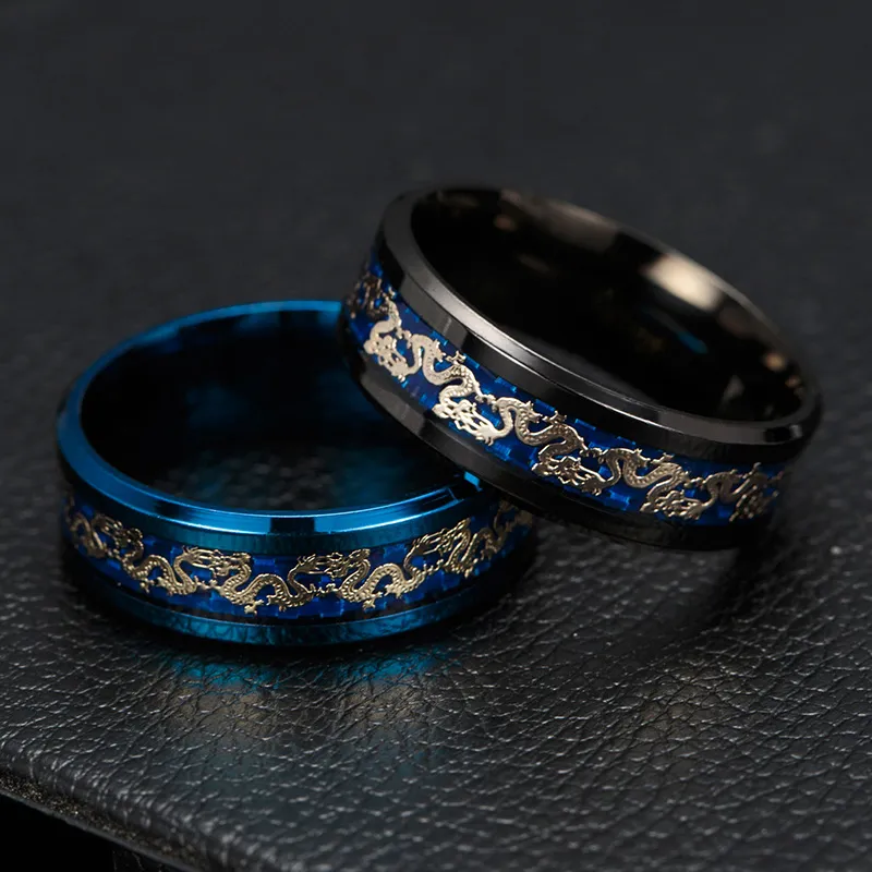 whole saleBlack Blue Ring Men Chinese Traditional Gold Dragon Inlay With Blue Stainless Steel Rings Fashion Jewelry