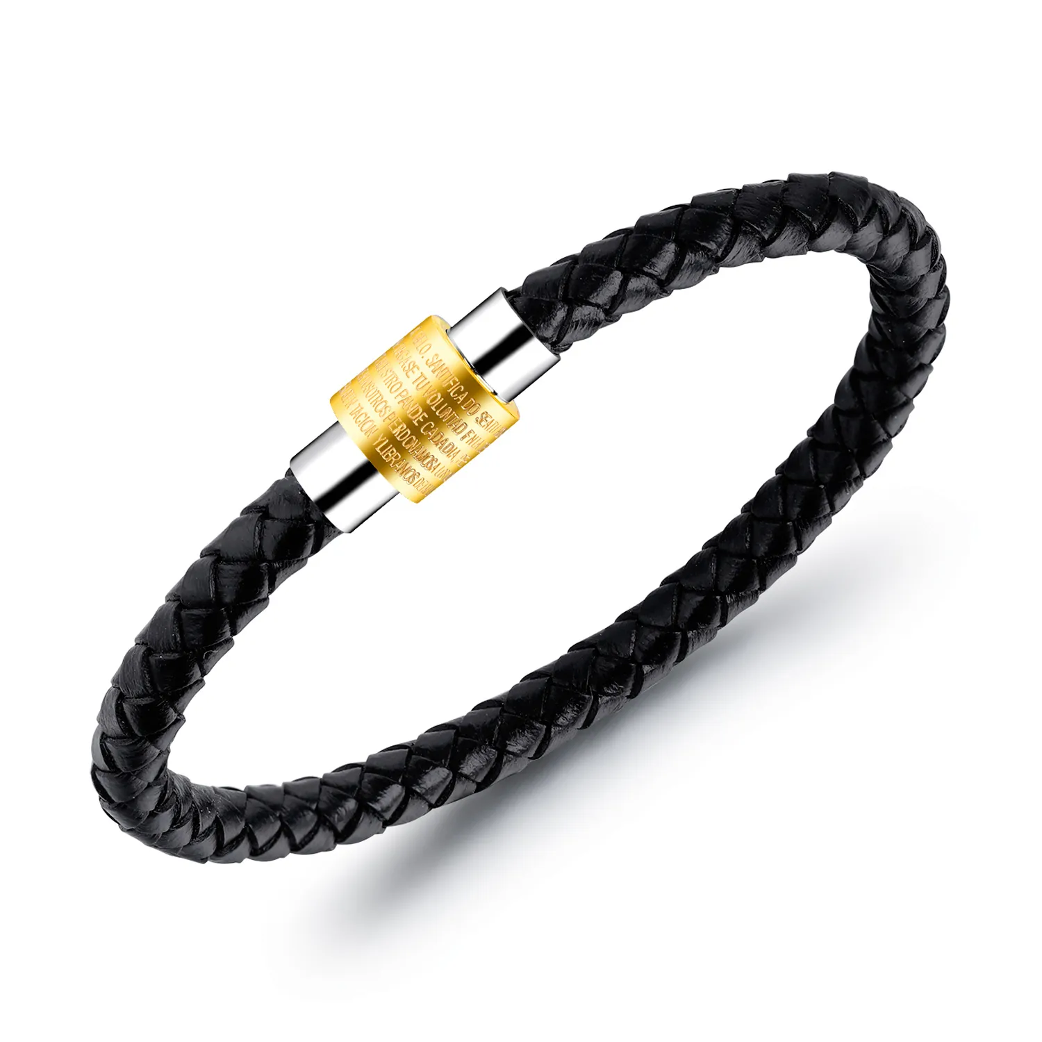 Einfaches schwarzes Vaterunser-Lederarmband für Herren mit Edelstahl-Magnetverschluss – Silber, Gold