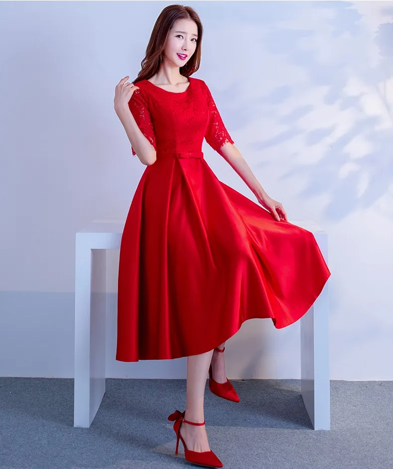 Red Short Modest Bridesmaid Dresses With Half Sleeves New Vintage Tea Length Aline Women Modest Wedding Party Dress Custom Made4804231