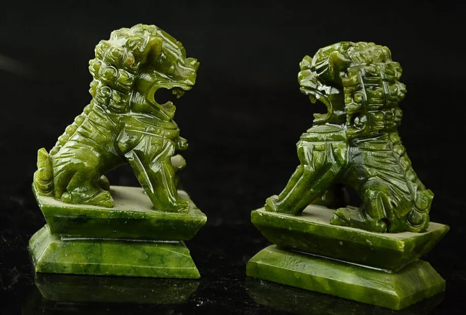 Raro Un paio di statue intagliate a mano in giada naturale cinese al 100% di drago pixiu