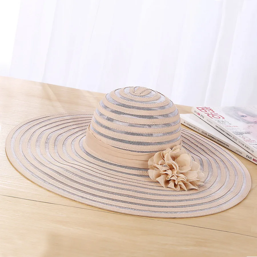 Summer Organza Floppy Beach Hats for Women Wide Brim Striped Flat Hats Ladies Flower Sun Beach Cap