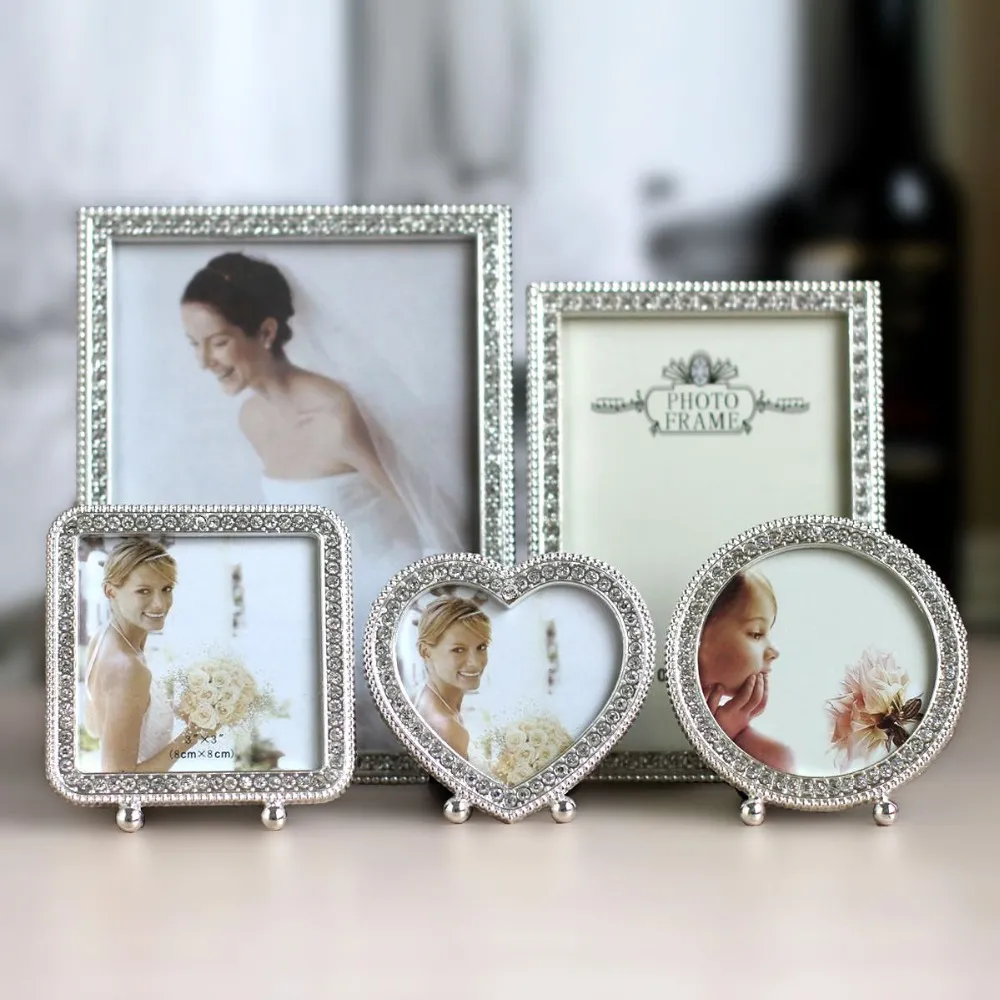 3" 7" 6 Inch Wedding Photo Frame Shiny Silver Metal Picture Framework Mirror love Heart shape circle square rectangle