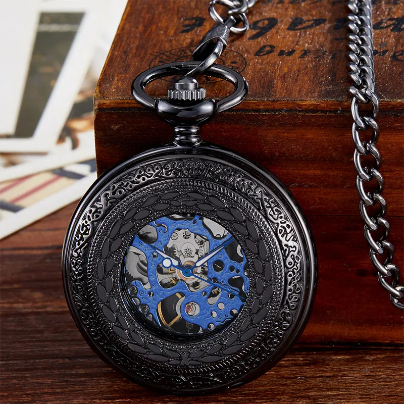 Negro de lujo de bolsillo mecánico del reloj de los hombres del reloj de la mano del viento Fob hueco de la vendimia con la cadena del colgante de regalo de las mujeres de los hombres