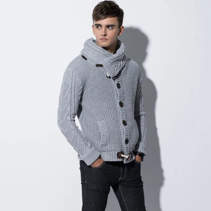 2018 Mężczyźni Zima Dzianiny Sweterkoat Turtleneck Swetry Męskie Slim Fit Cardigan Horn Button Sweter Płaszcz Szalik Kołnierz Knitwear