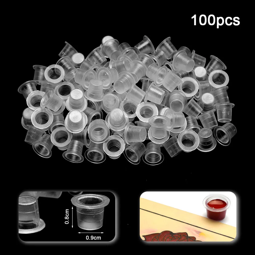 100 stks Kleine maat Plastic Tattoo Inkt Cups voor Permanente Tattoo Make-up Wenkbrauw Make Pigment Container Caps Wegwerp Accessoires