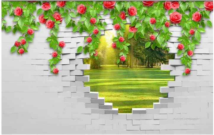 Carta da parati di alta qualità 3D Stereoscopic Rose vite muro di mattoni TV sfondo muro Wallpaper Murale Pittura per soggiorno